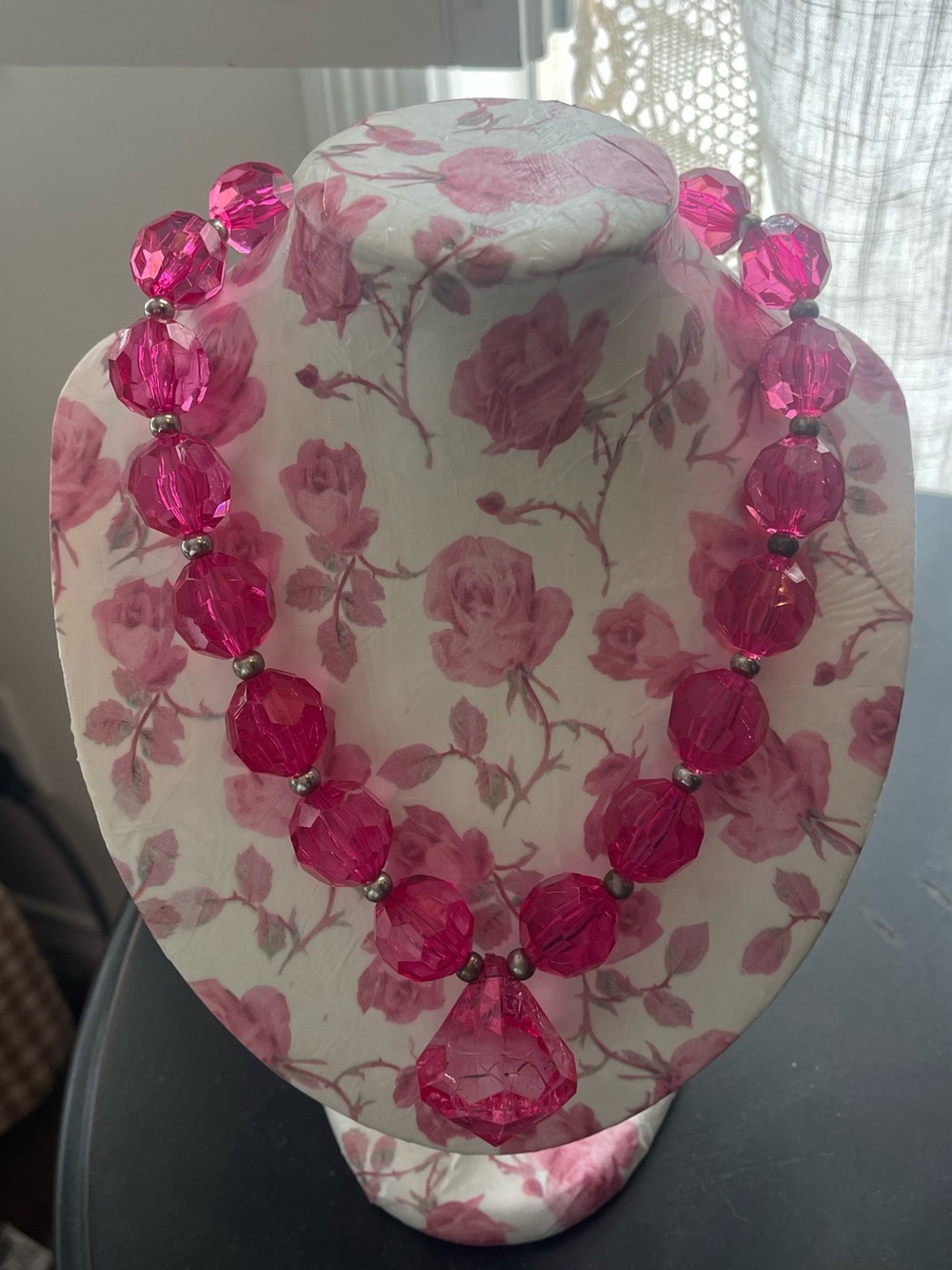 Statement Hot Pink Faceted Bead Necklace - Unbranded